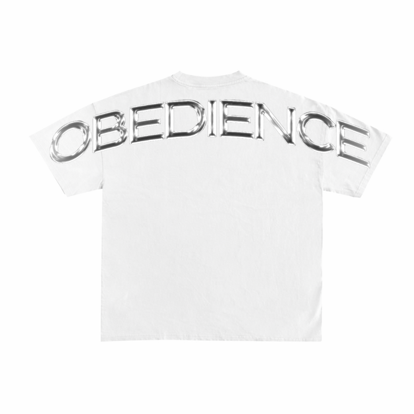 Obedience Tee (White w/Silver Text)